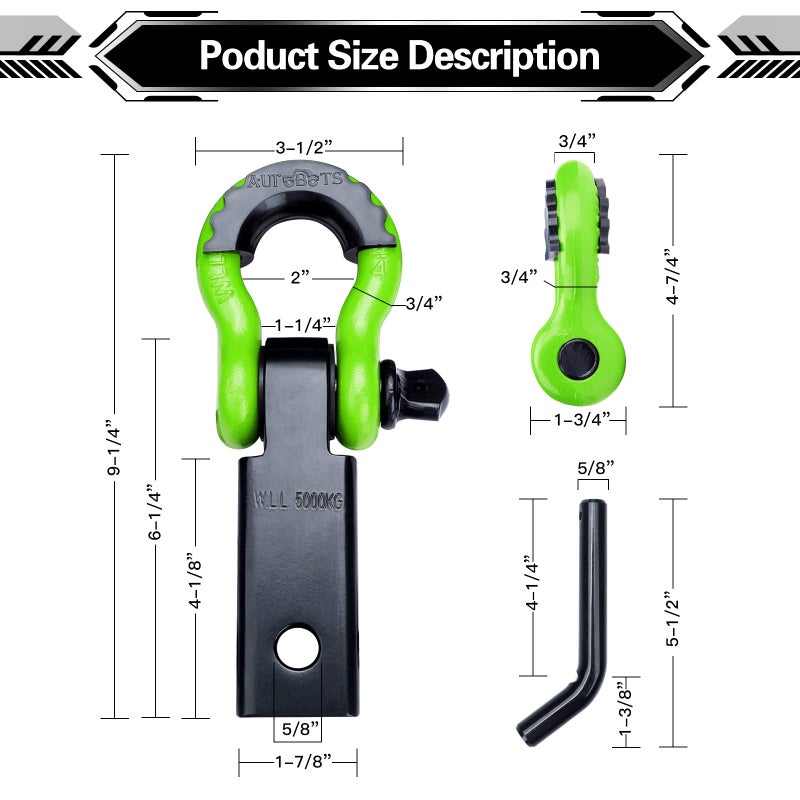 AUTOBOTS Shackle Hitch Receiver 2", 45,000 Lbs Break Strength Heavy Duty Receiver with 5/8" Screw Pin, 3/4" D Ring Shackles, Towing Accessories for Vehicle Recovery Off-Road, Green&Black - Image 3